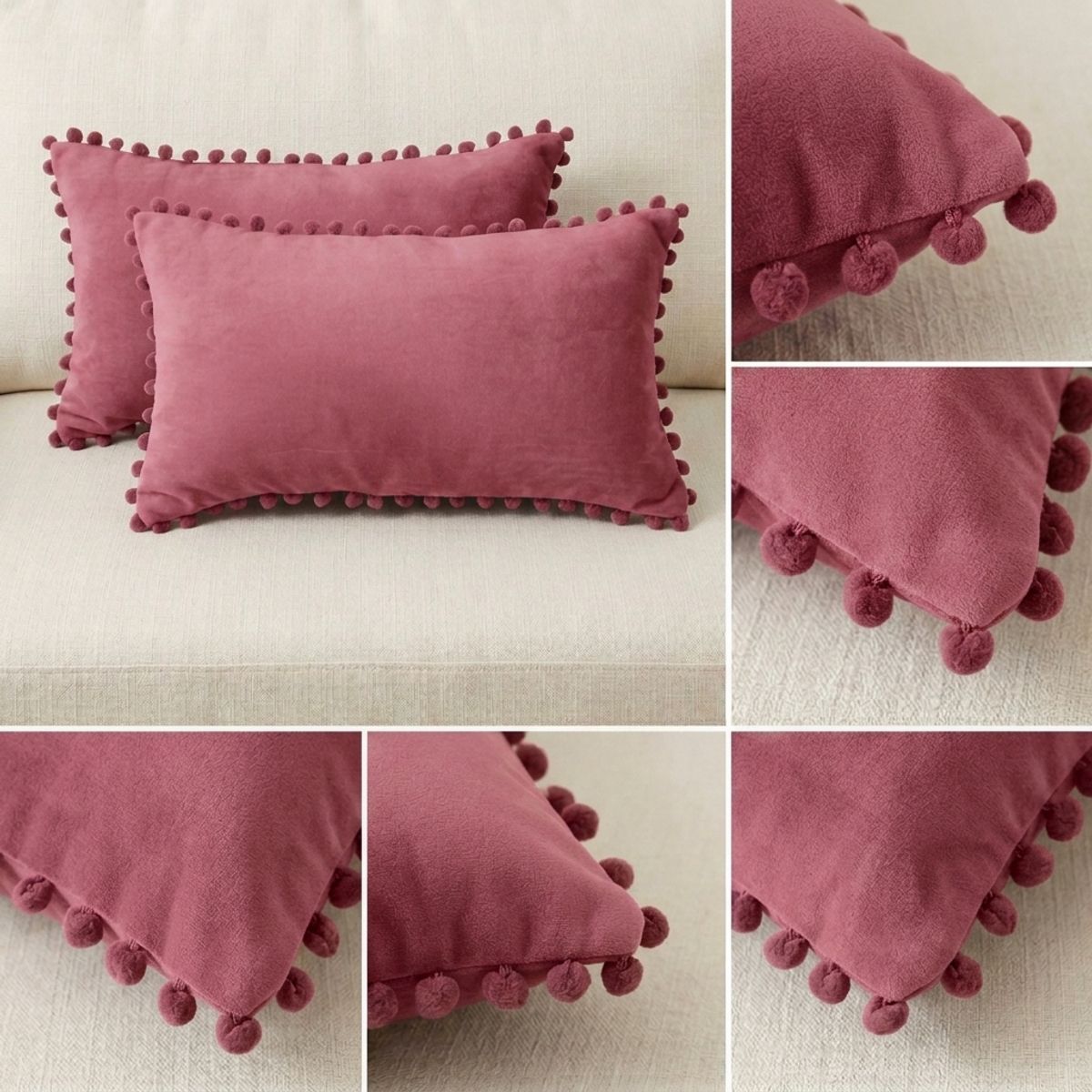 ARMONIA - Pack 2 Fundas Rectangular Terciopelo Pompon violeta  88 Calidad Premium.