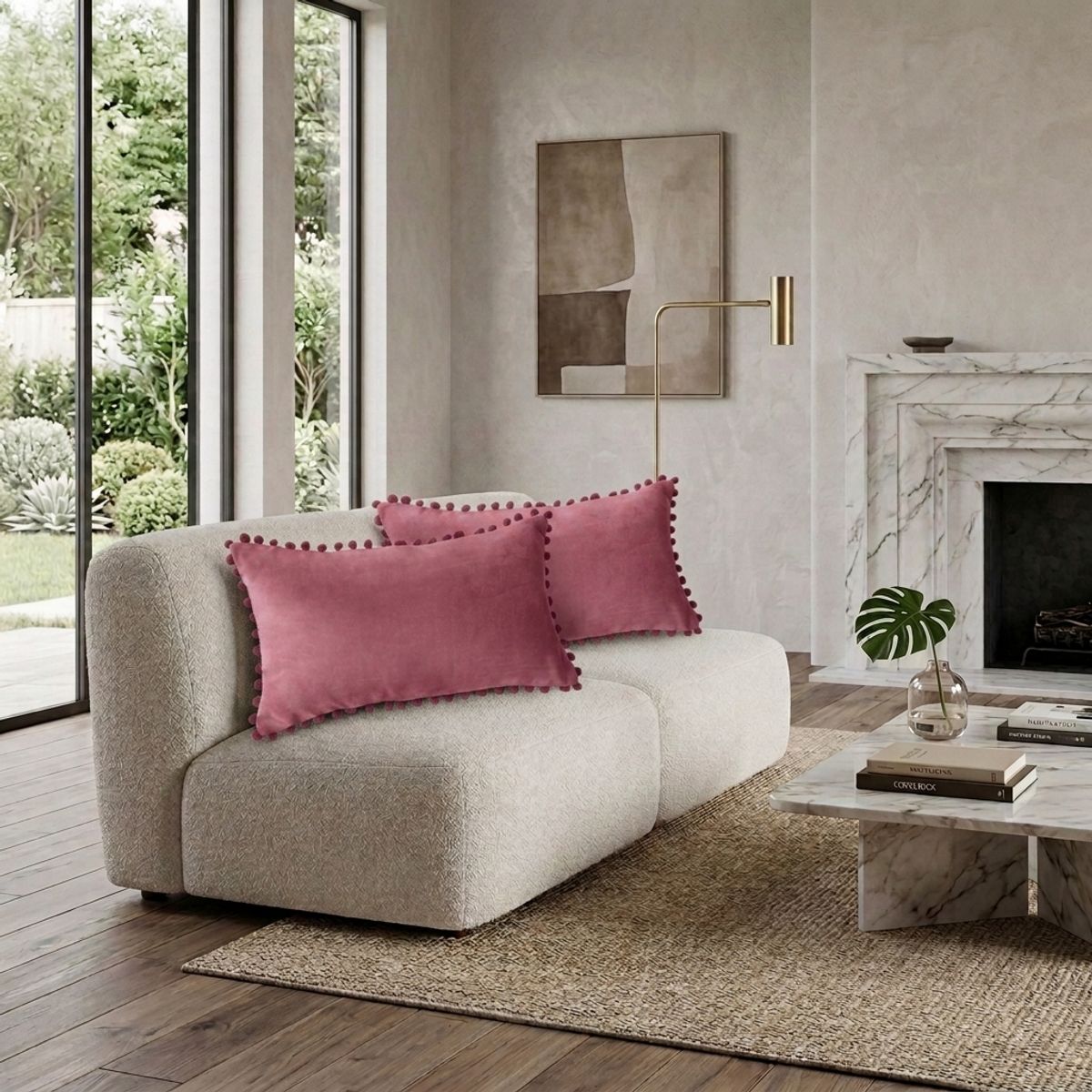 ARMONIA - Pack 2 Fundas Rectangular Terciopelo Pompon violeta  88 Elegante.