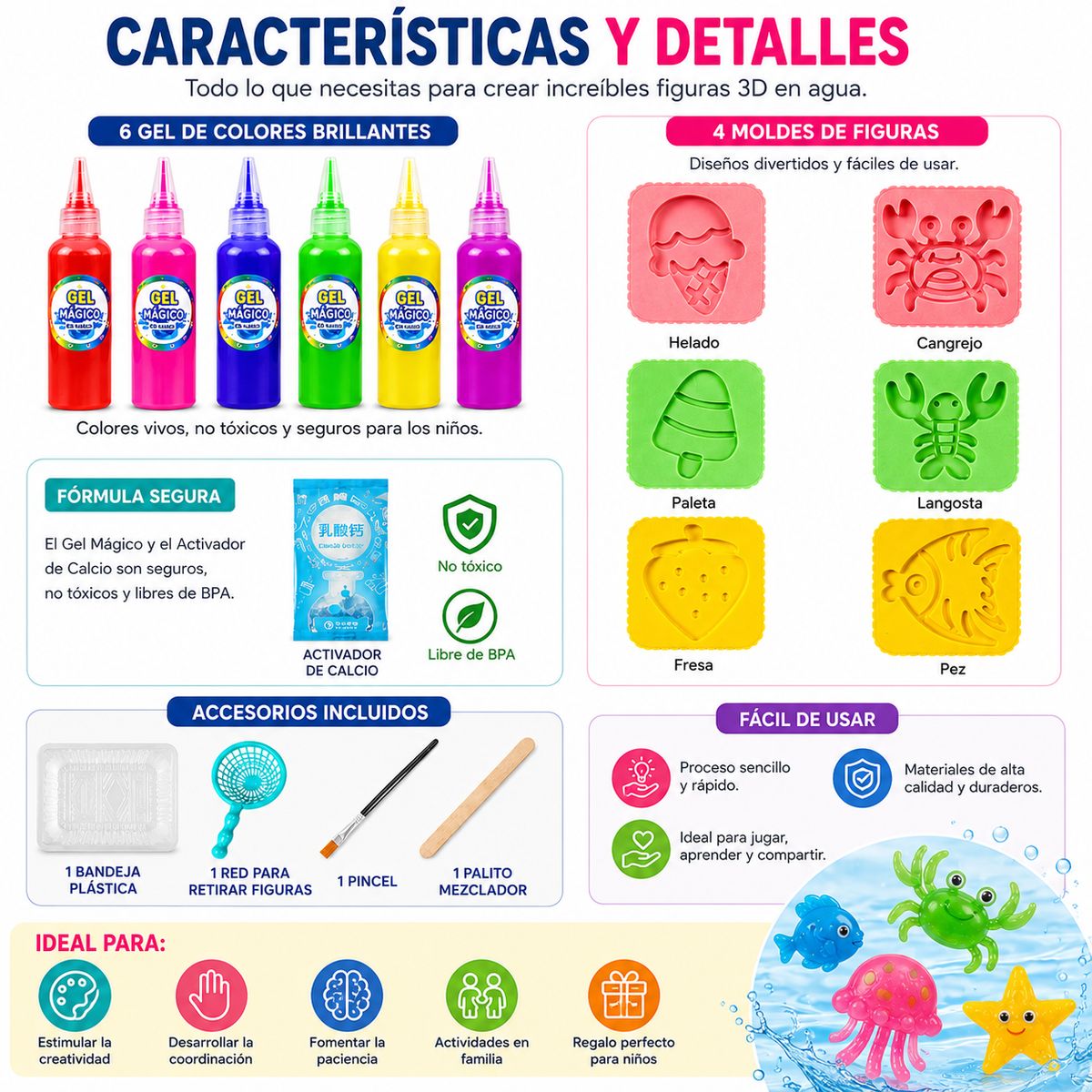 GENERICO - Kit Mágico De Figuras En Agua 3D Para Niños Con 6 Colores Y Moldes