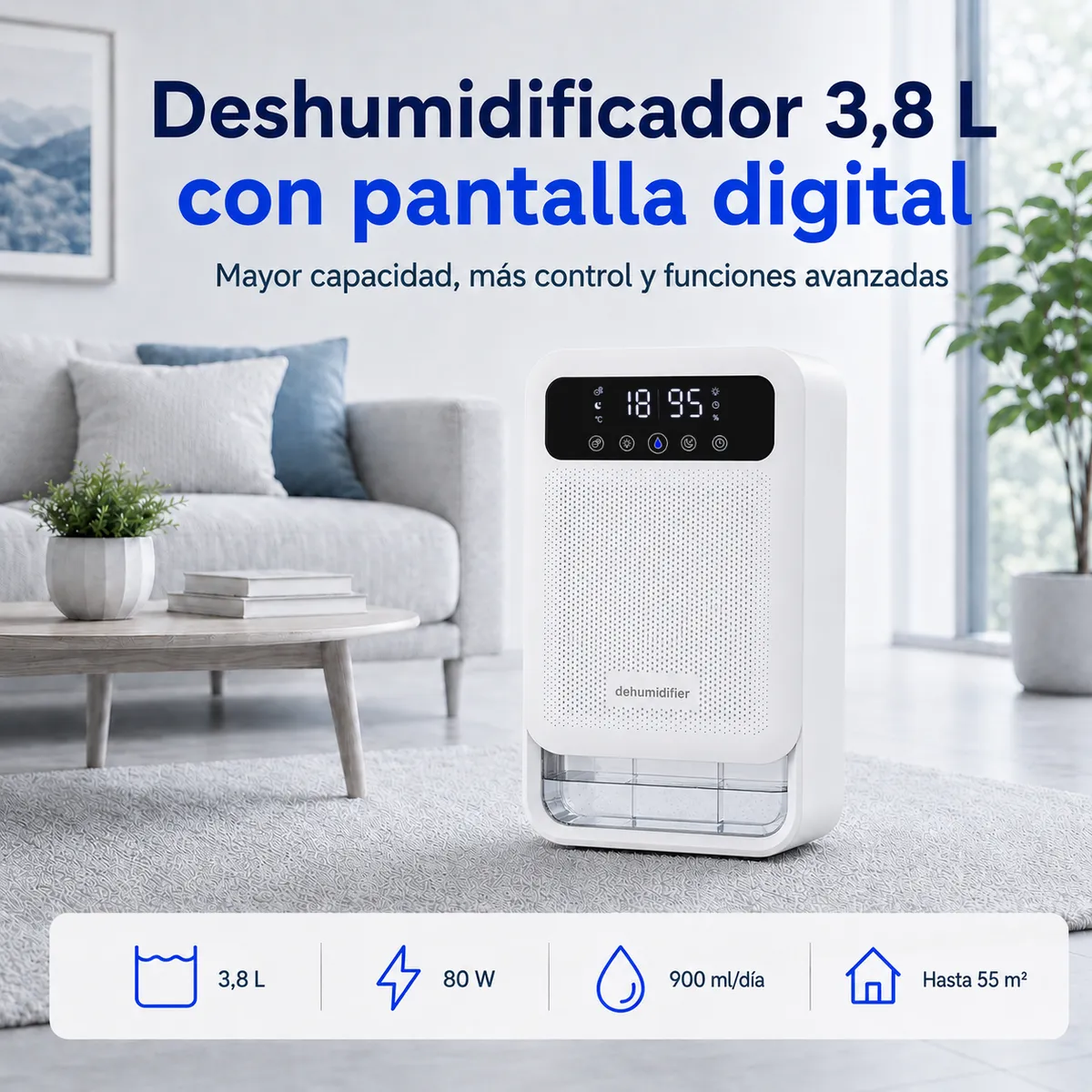 GENERICO - Deshumidificador De Aire Digital 3.8L Ionizador Hasta 55 m²