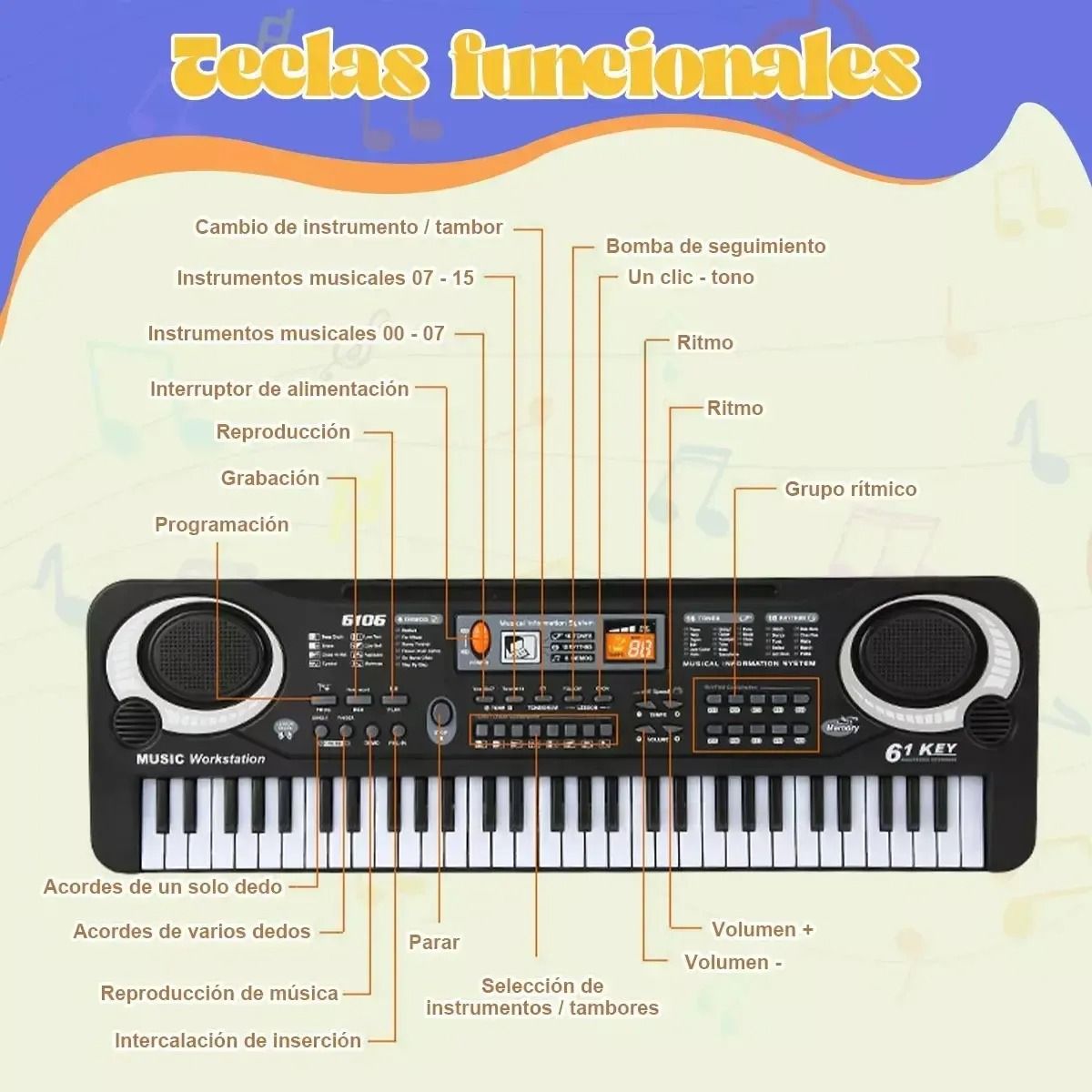 EVERSO - Teclado Piano Electrónico 61 Teclado Con Micrófon Para Niños