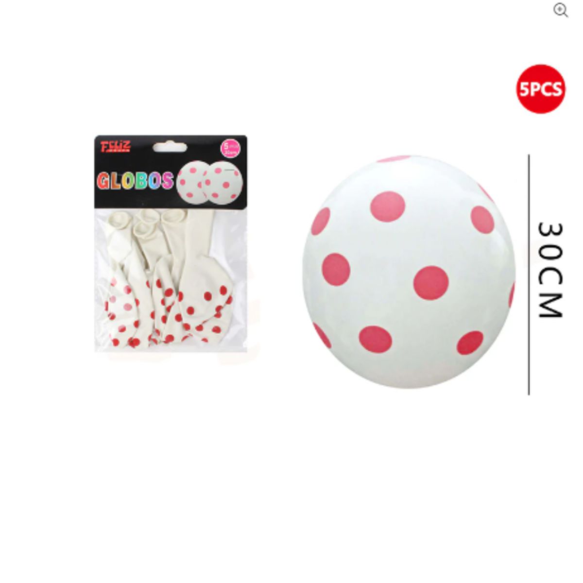 GENERICO - Globos Blanco Con Puntos Rojos 5 Unidades