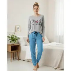 KOWHAI - Pijama Mujer Algodón Peace Love Coffee Gris