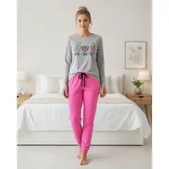 KOWHAI - Pijama Mujer Algodón Peace Love Coffee Gris