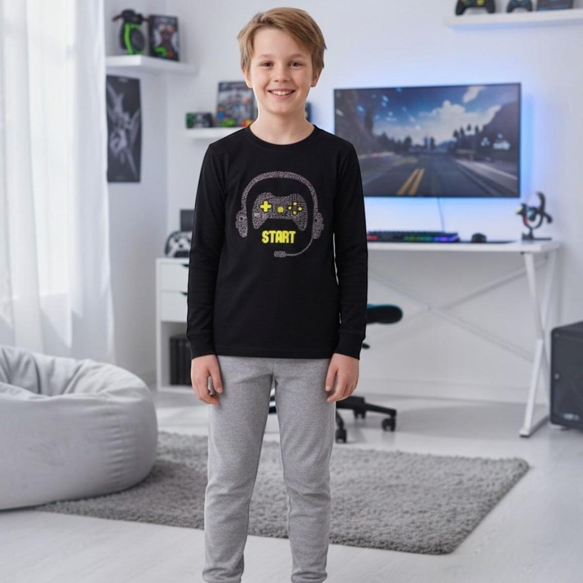 KOWHAI - Pijama Niño Algodón Estampado Gamer Negro