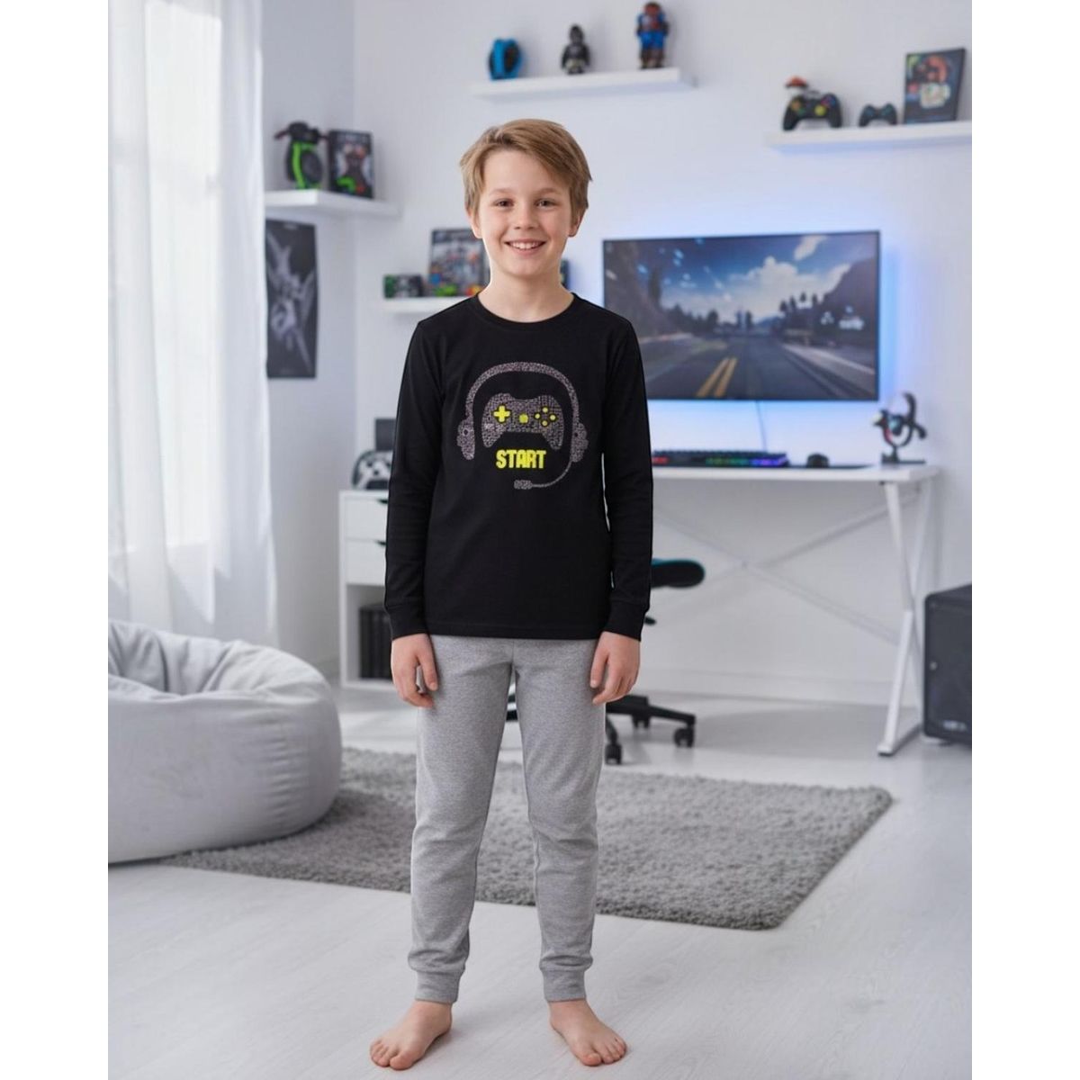 KOWHAI - Pijama Niño Algodón Estampado Gamer Negro