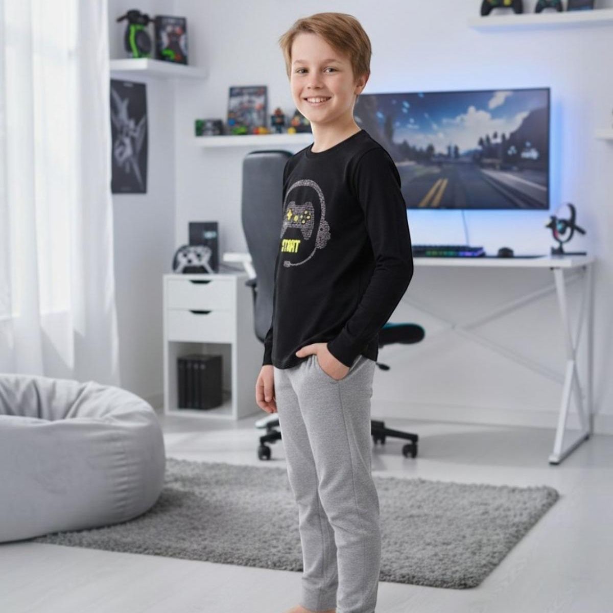 KOWHAI - Pijama Niño Algodón Estampado Gamer Negro