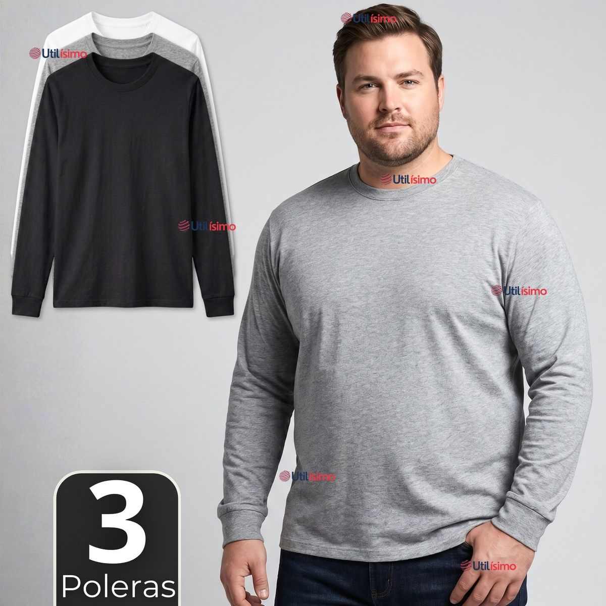 UTILISIMO - Pack 3 Camisetas Poleras Algodón Basico Oversize Manga Larga Primera Capa Hombre