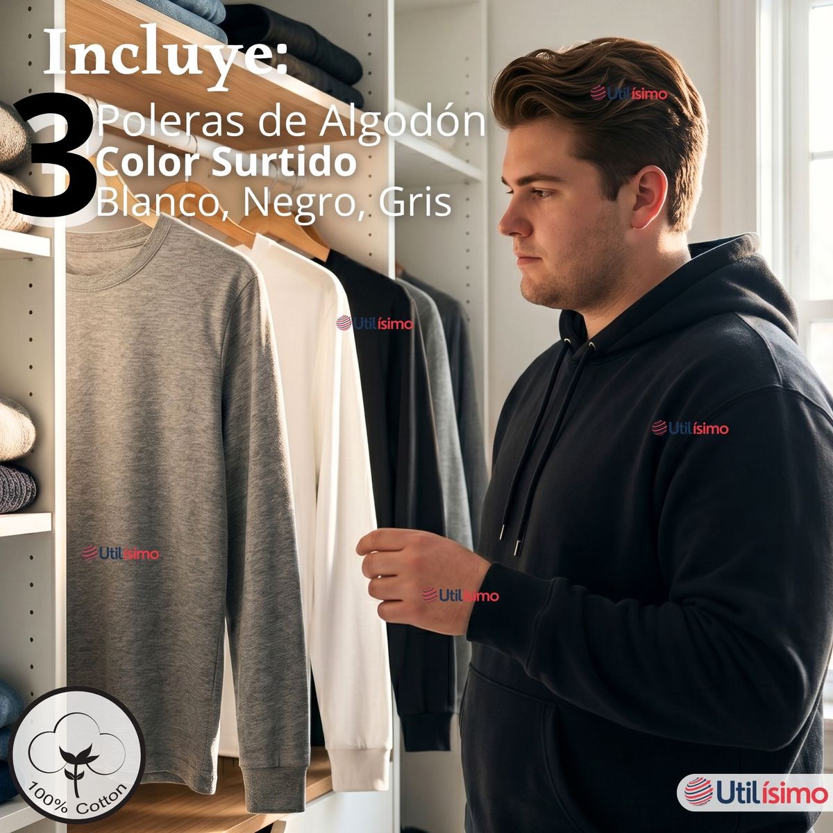 UTILISIMO - Pack 3 Camisetas Poleras Algodón Basico Oversize Manga Larga Primera Capa Hombre