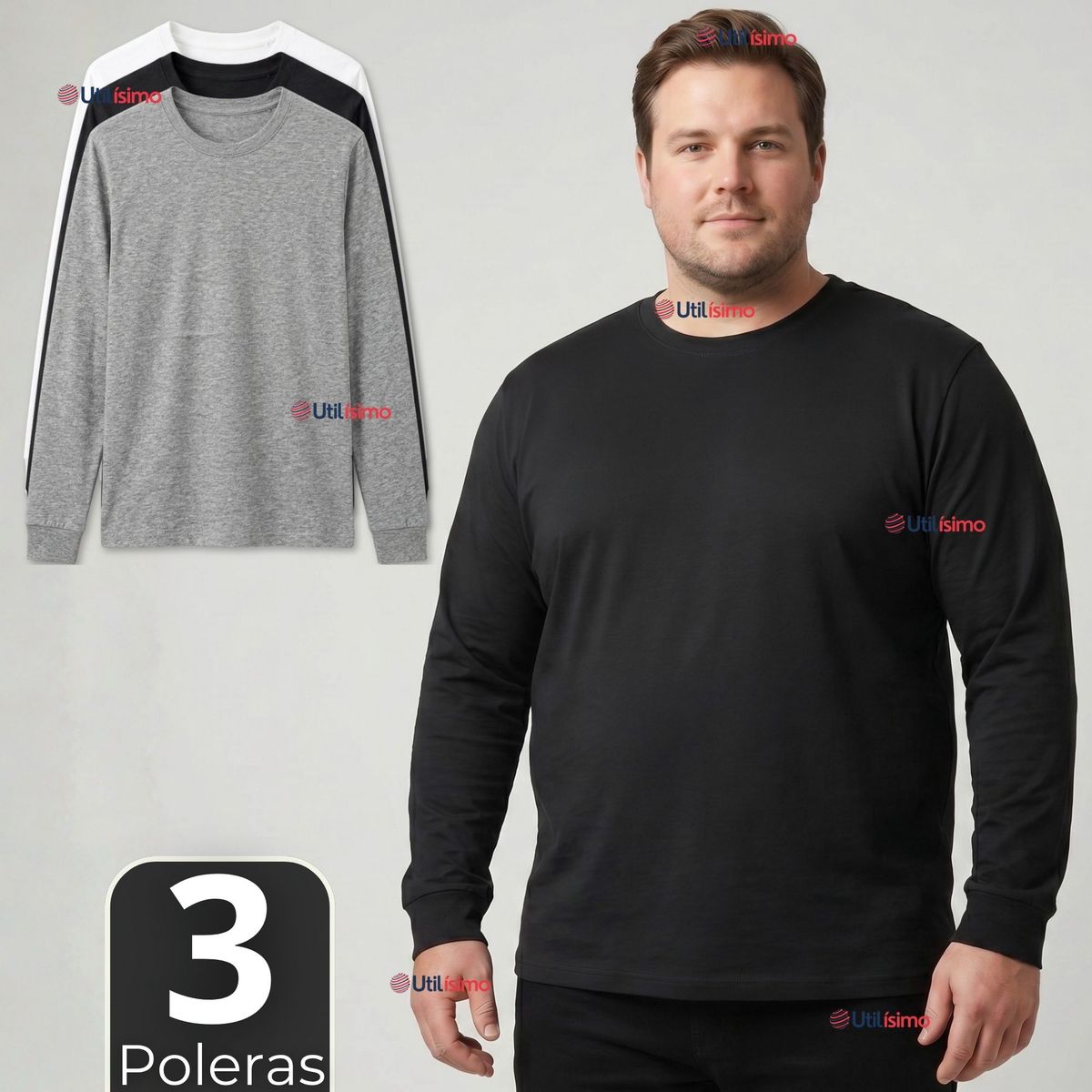UTILISIMO - Pack 3 Camisetas Poleras Algodón Basico Oversize Manga Larga Primera Capa Hombre