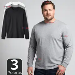 UTILISIMO - Pack 3 Camisetas Poleras Algodón Basico Oversize Manga Larga Primera Capa Hombre
