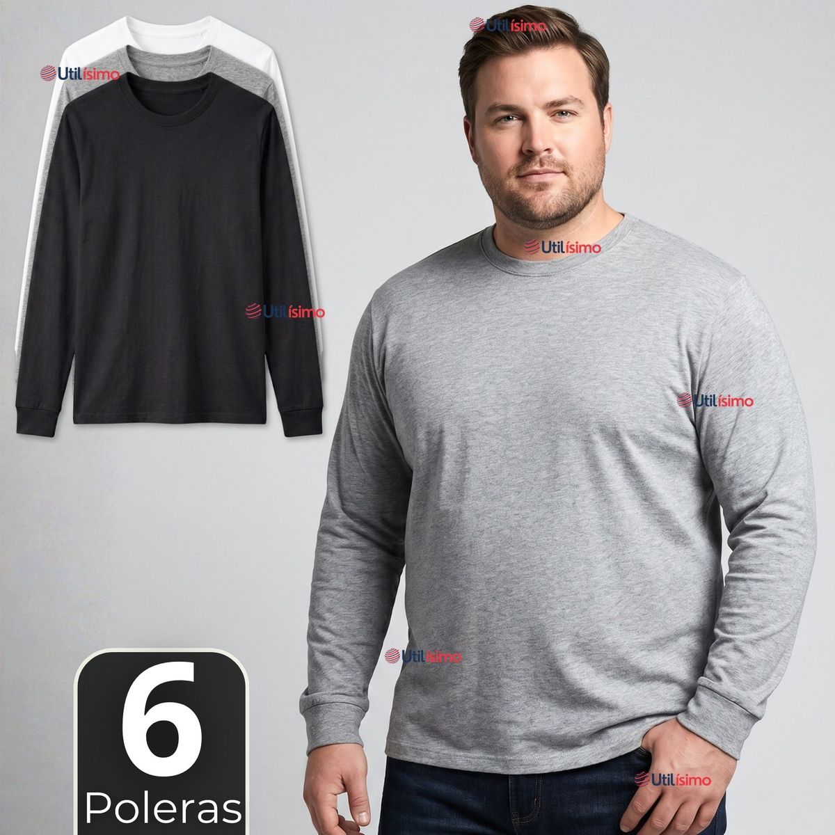 UTILISIMO - Pack 6 Camisetas Poleras Algodón Basico Oversize Manga Larga Primera Capa Hombre