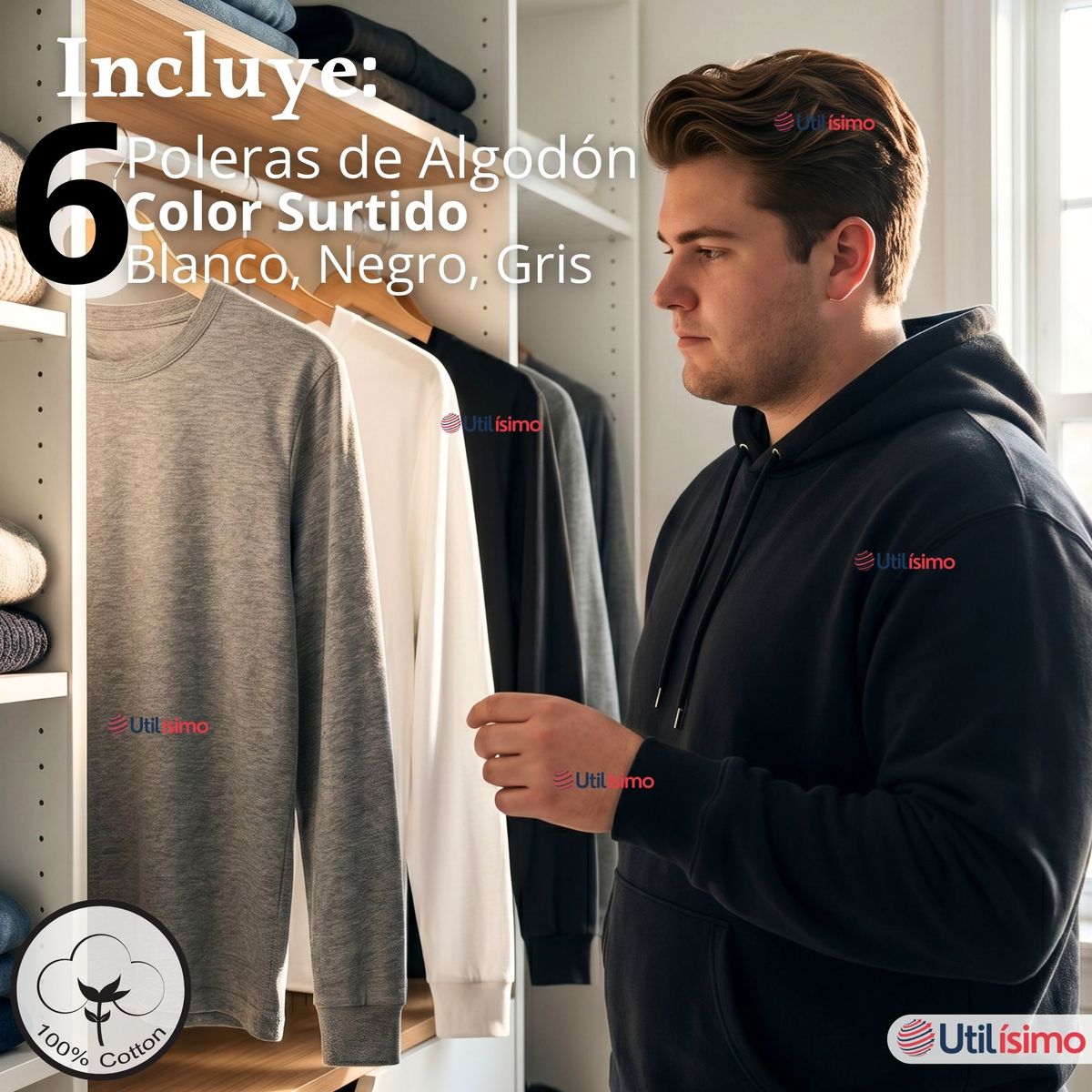 UTILISIMO - Pack 6 Camisetas Poleras Algodón Basico Oversize Manga Larga Primera Capa Hombre