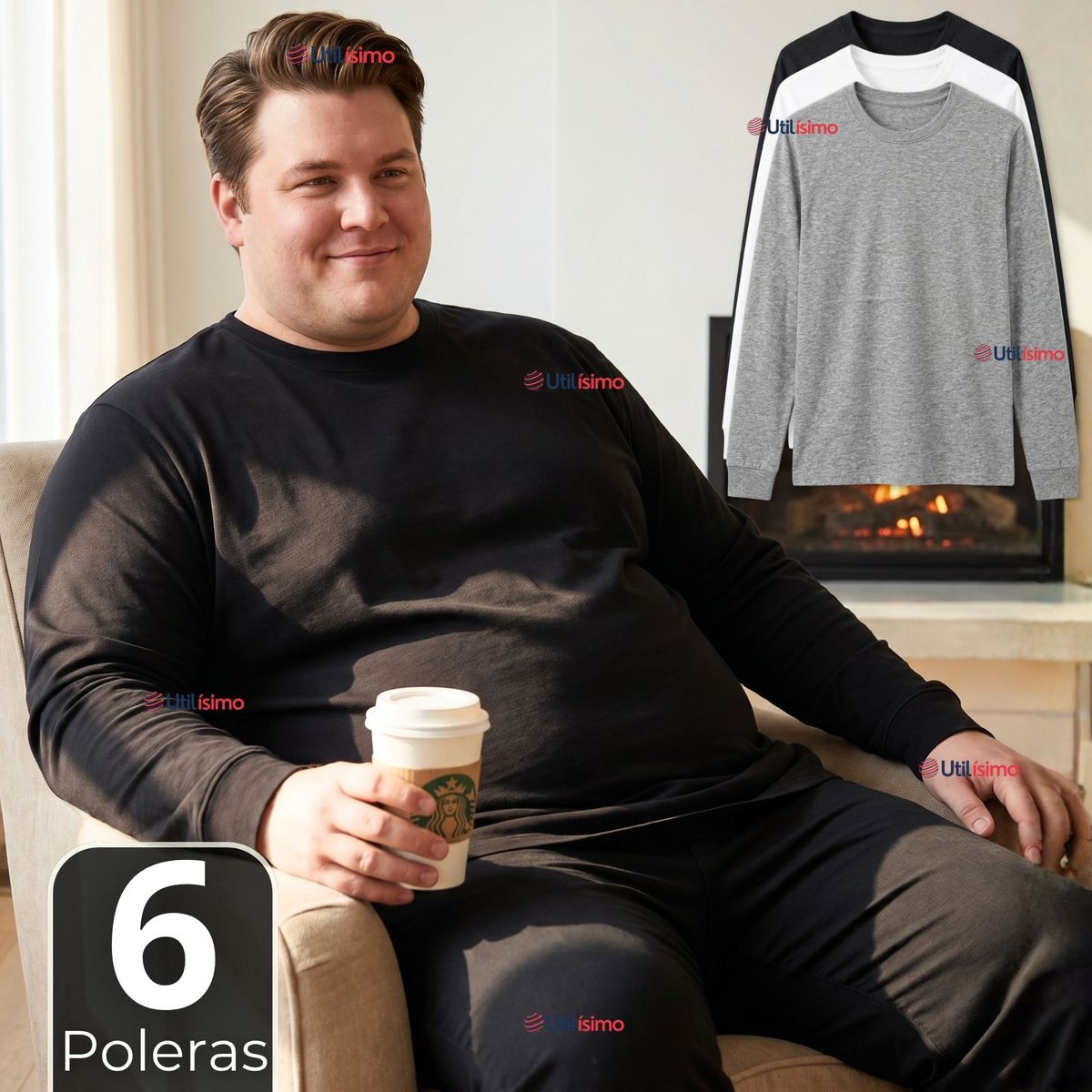 UTILISIMO - Pack 6 Camisetas Poleras Algodón Basico Oversize Manga Larga Primera Capa Hombre