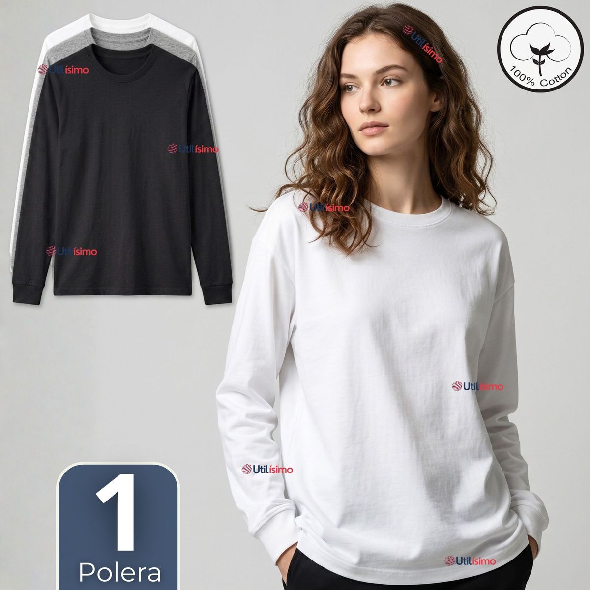 UTILISIMO - Camisetas Poleras Algodón Basico Oversize Manga Larga Primera Capa Mujer