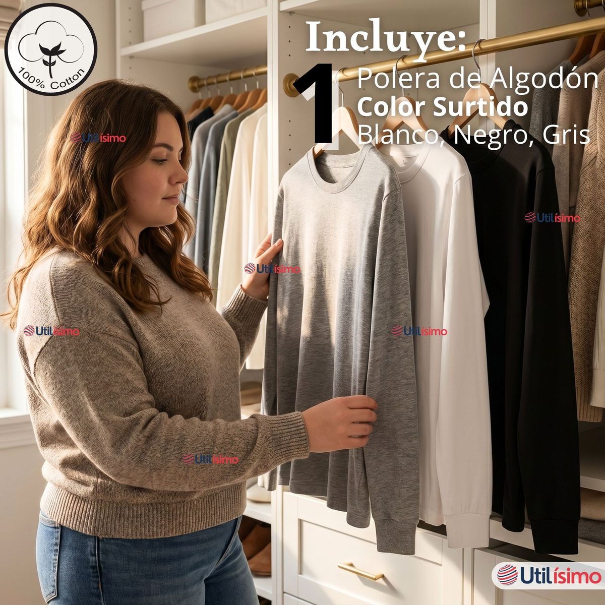 UTILISIMO - Camisetas Poleras Algodón Basico Oversize Manga Larga Primera Capa Mujer