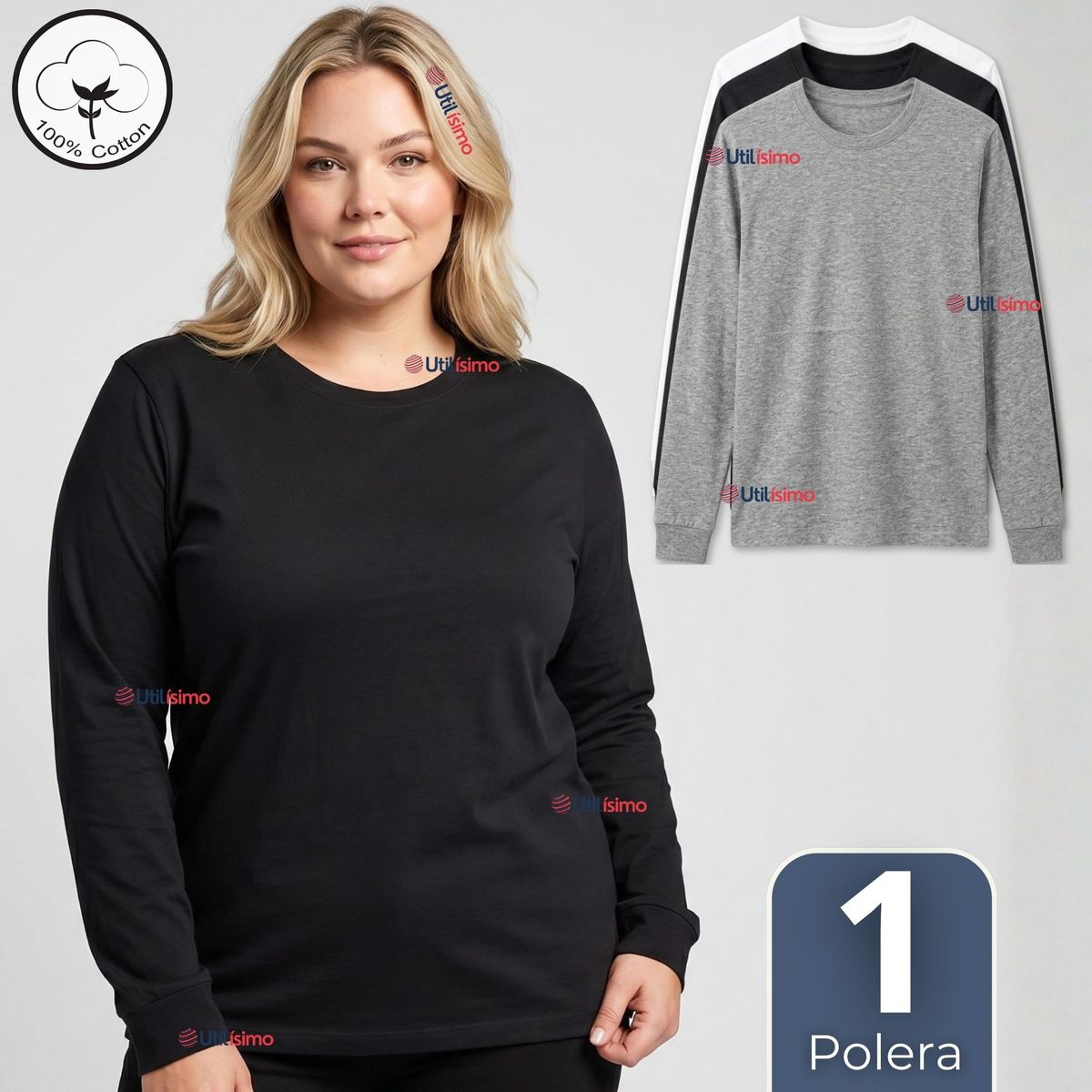 UTILISIMO - Camiseta Polera Algodón Basico Oversize Manga Larga Primera Capa Mujer