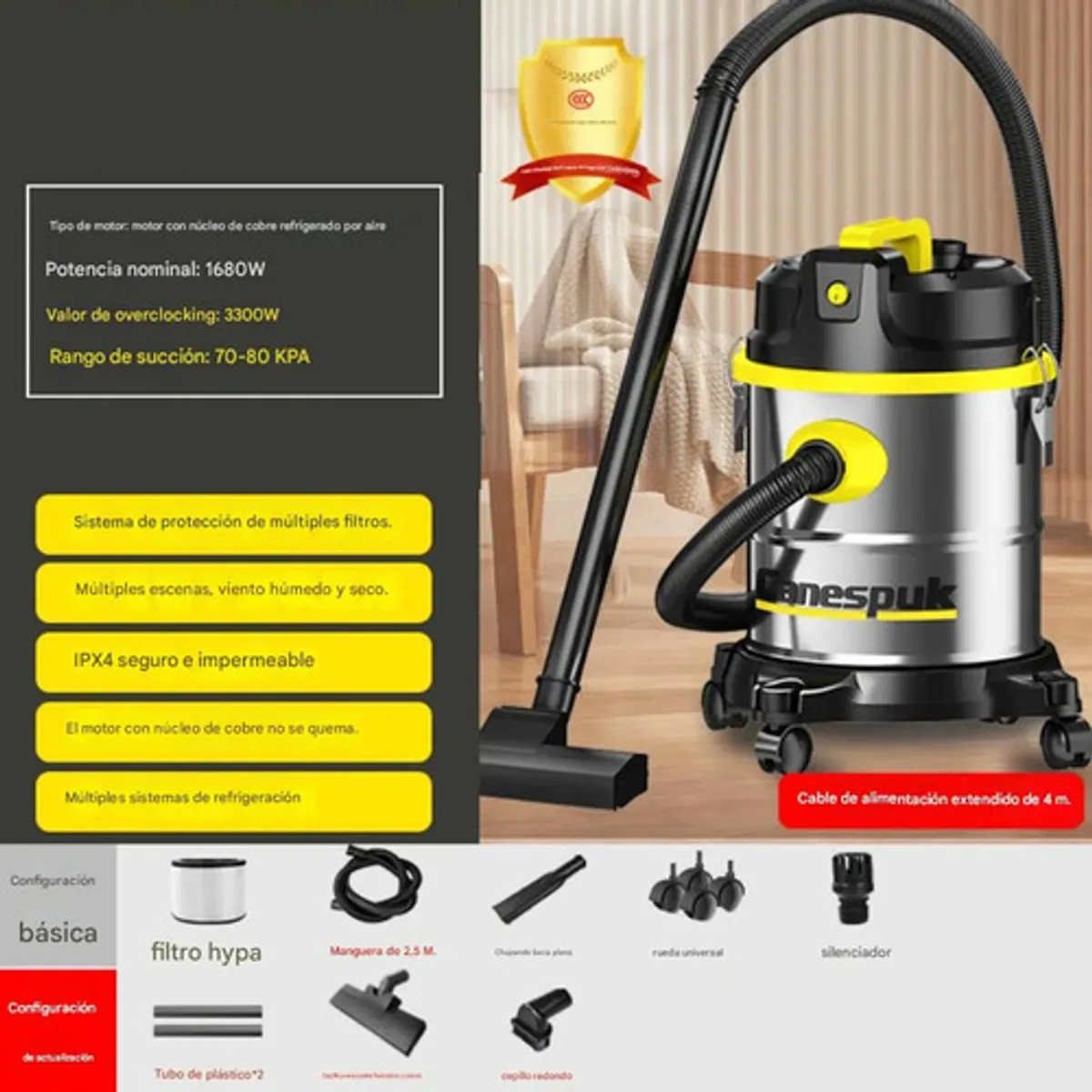 GENERICO - Aspiradora Industrial 3300w Acero Inox Aspira Sopla Y Seca Negro