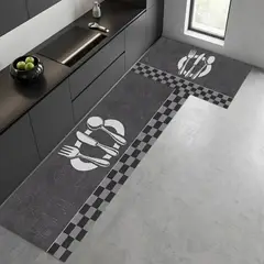 GENERICO - ALFOMBRA DE COCINA 2 PIEZAS GRIS DISEÑO ELEGANTE TF