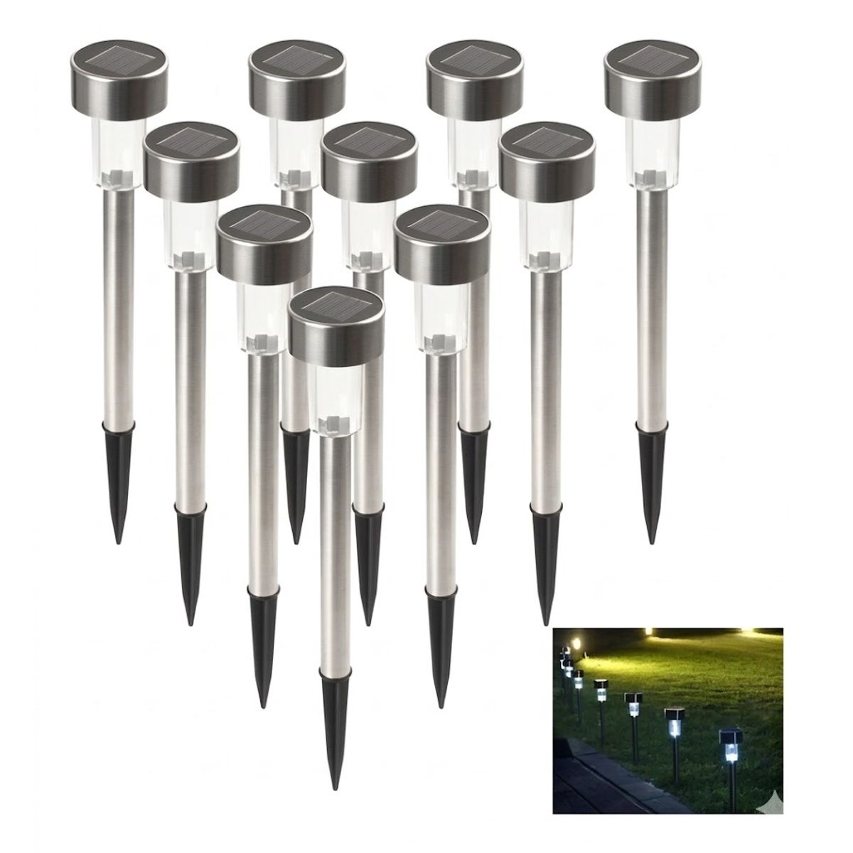 GENERICO - Set 10 Focos Faroles Leds Solares, con Estaca para Jardín Luz Blanca