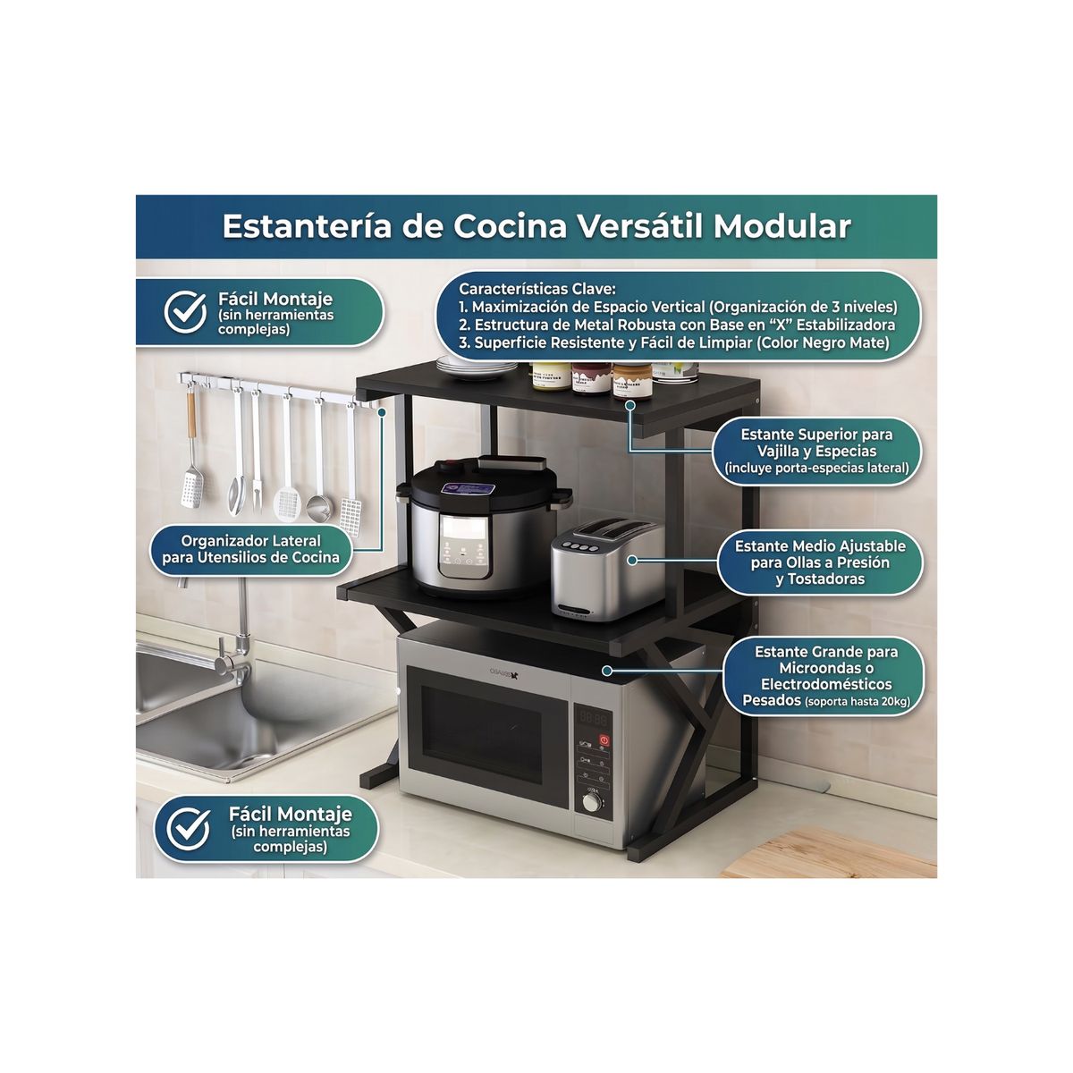 GENERICO - Estante Cocina Para Horno Microondas Rack Organizador Negro