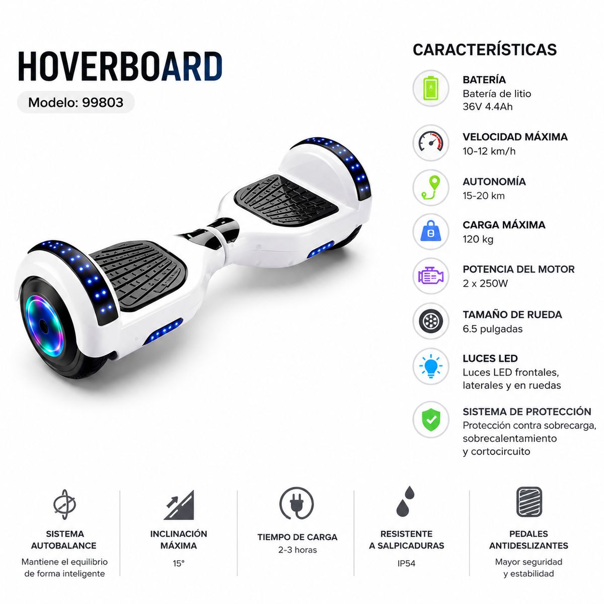 GENERICO - smar balance Eléctrico Autoequilibrado 6.5 con Luces LED y Bluetooth