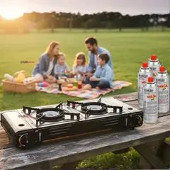 LINE - Cocina Portátil Cocinilla Camping 2 platos + 4 Latas de Gas