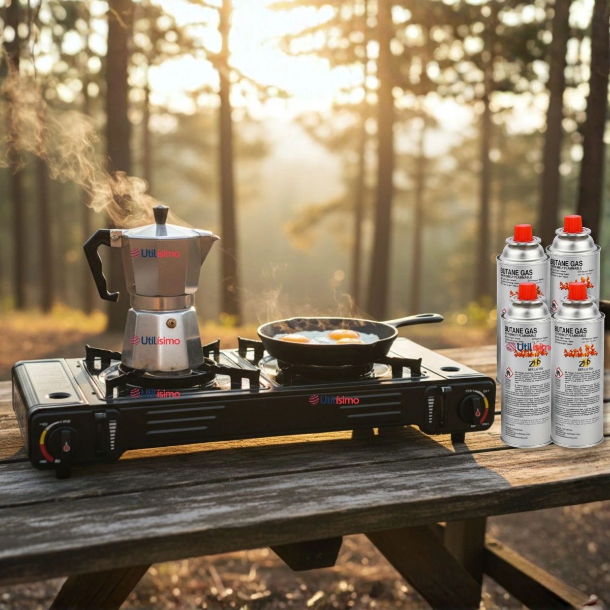 LINE - Cocina Portátil Cocinilla Camping 2 platos + 4 Latas de Gas