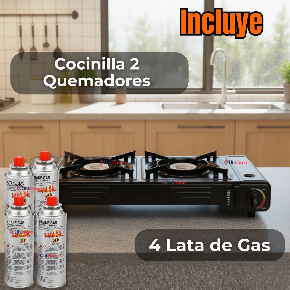 LINE - Cocina Portátil Cocinilla Camping 2 platos + 4 Latas de Gas