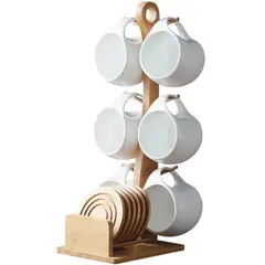 GENERICO - Set Premium de 6 Tazas de Cerámica con Soporte de Bambú y Posavasos – Elegancia y Estilo para tu Hogar