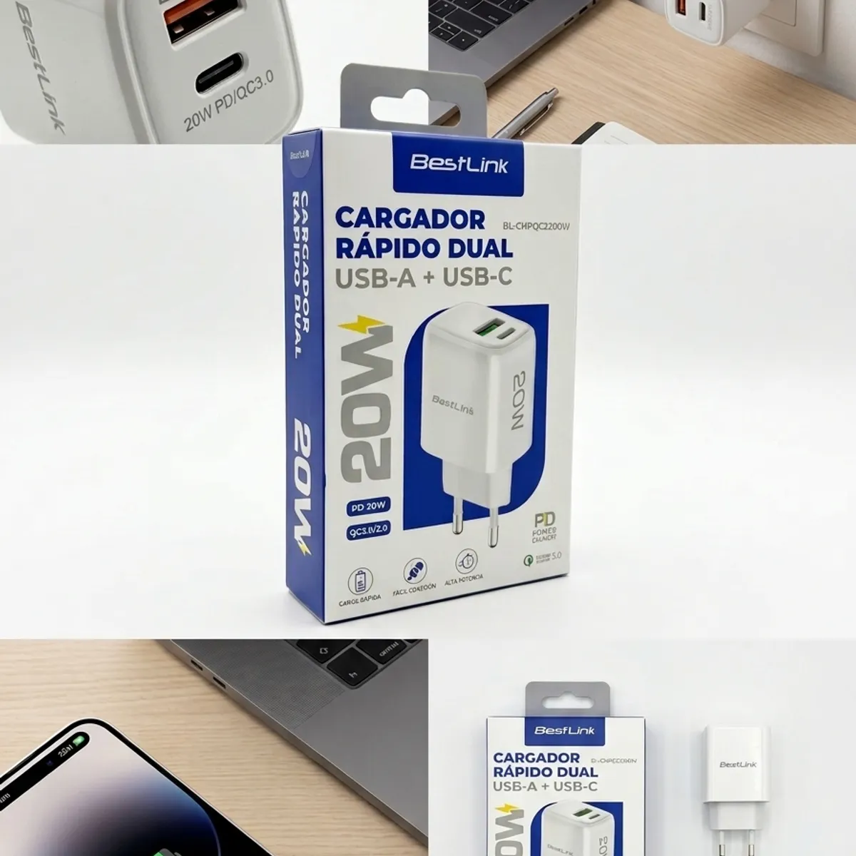 BESTLINK - Cargador Carga Rápida 20W Dual USB-A + USB-C BestLink