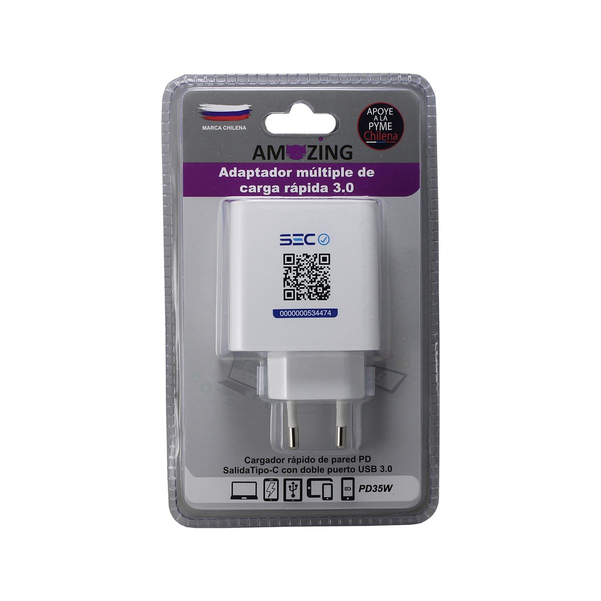 AMAZING - Cargador Rápido 35W Amazing - 3 Puertos (USB-C + Dual USB) Certificado SEC