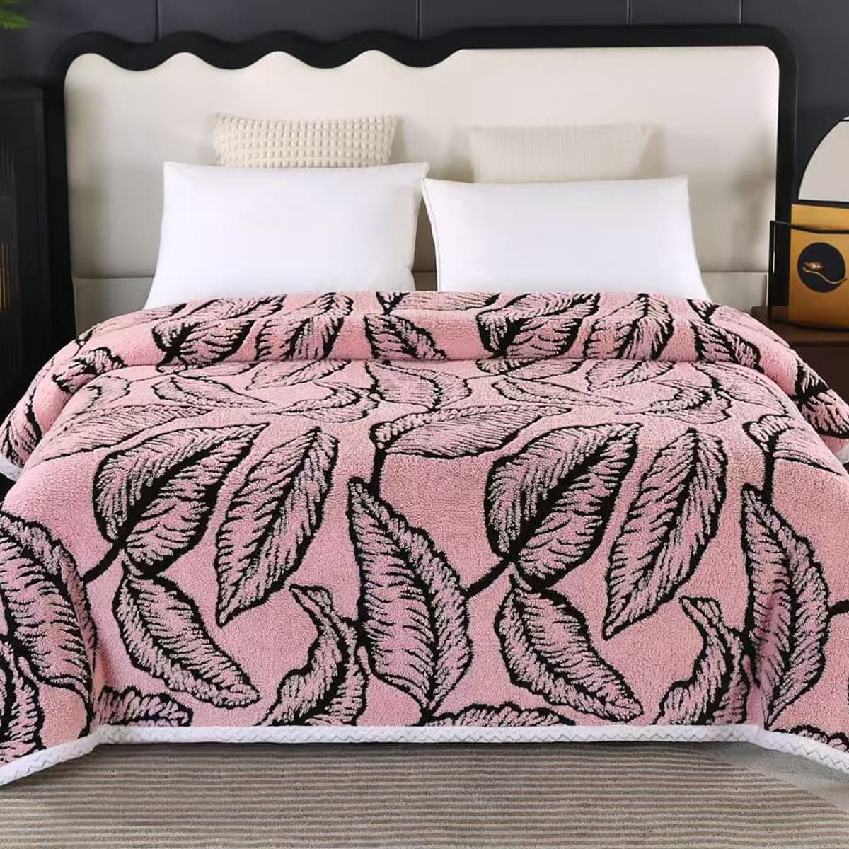 GENERICO - FRAZADA PARA INVIERNO SHERPA POLAR TERMICA CON DISEÑO HOJAS EN RELIEVE