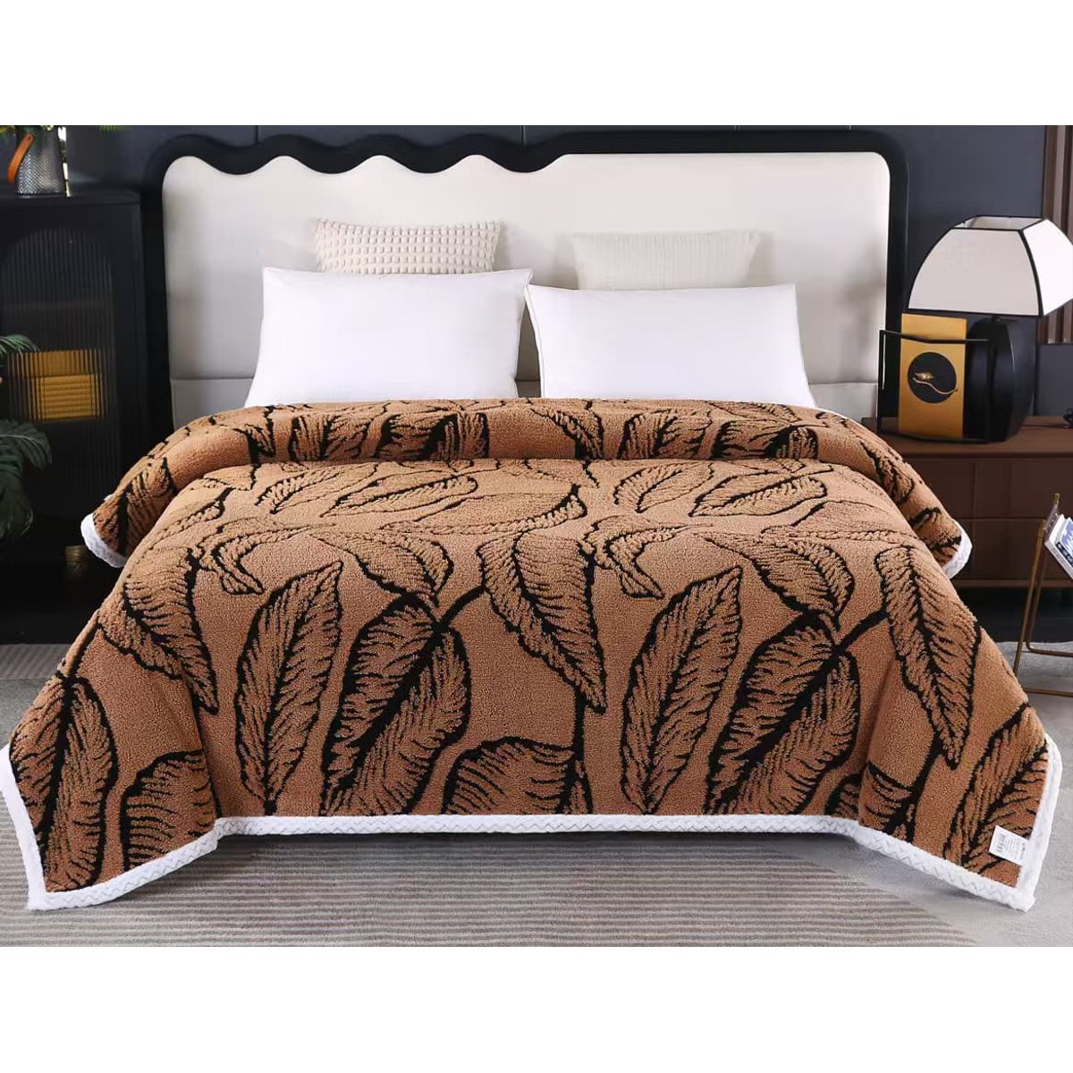 GENERICO - FRAZADA PARA INVIERNO SHERPA POLAR TERMICA CON DISEÑO HOJAS EN RELIEVE