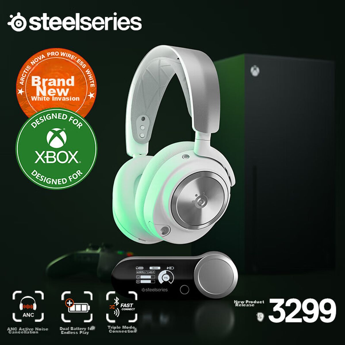 STEEL SERIES - Audífonos Gamer Arctis Nova Pro Inalámbricos Blanco para Xbox, con Cancelación de Ruido