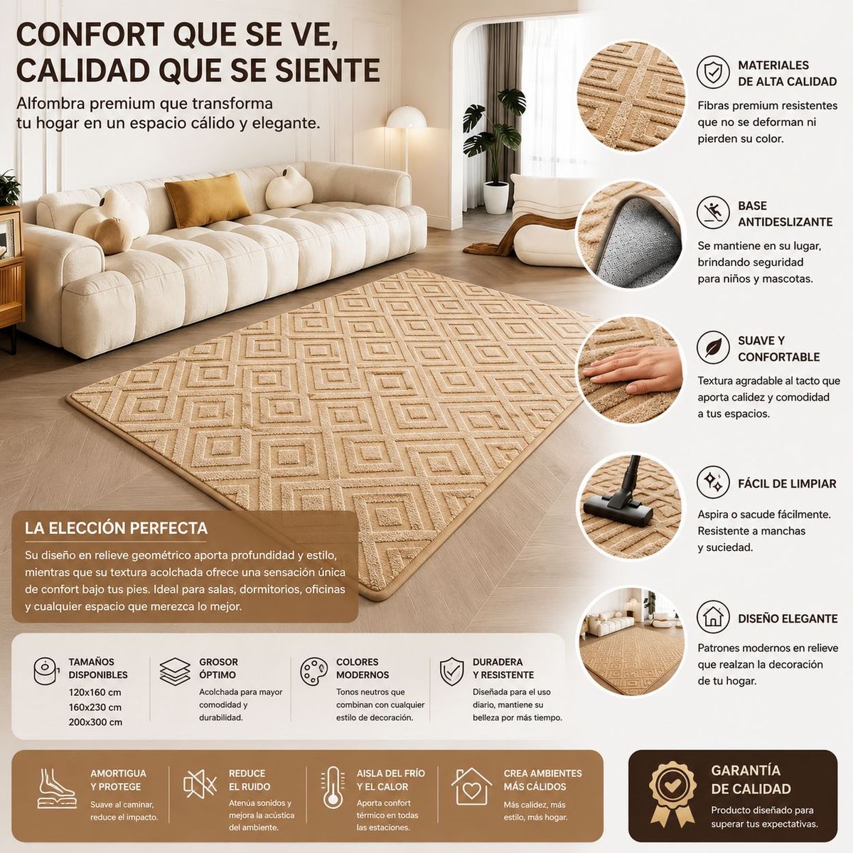 GENERICO - Alfombra Jacquard Con Relieve Texturizado 150x200 Living Color Beige