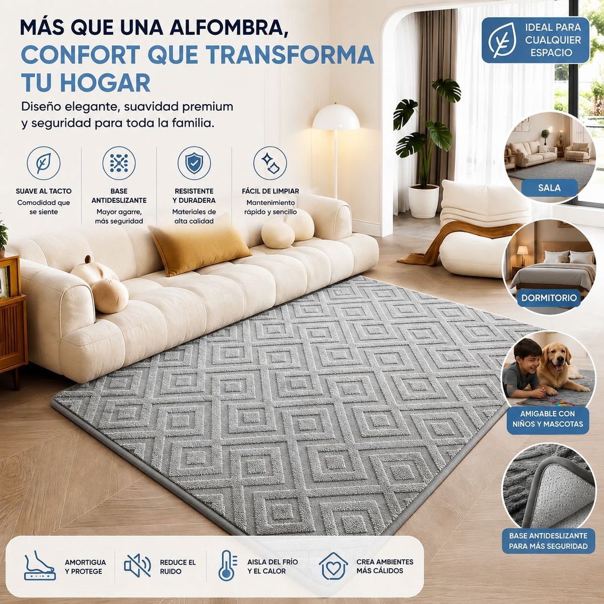 GENERICO - Alfombra Jacquard Con Relieve Texturizado 150x200 Living Color Gris Claro