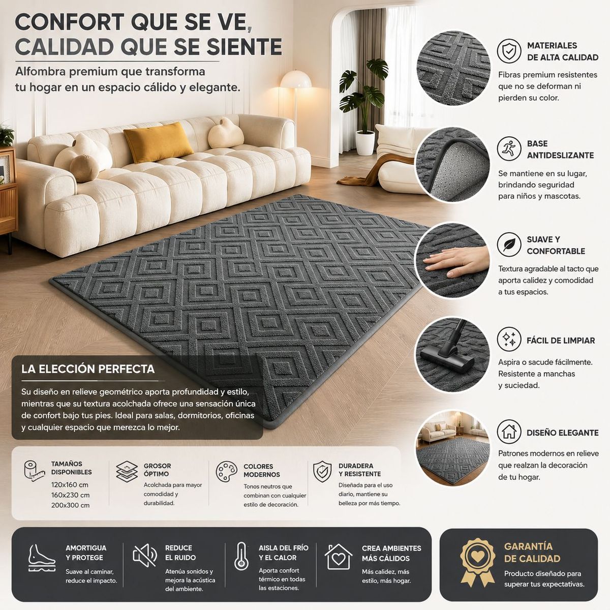 GENERICO - Alfombra Jacquard Con Relieve Texturizado 150x200 Living Color Gris Grafito