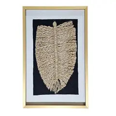 TELARES DE ESTILO - Cuadro Decorativo Hoja Yute Natural Artesanía Chilena Marco Dorado 50x34 con Vidrio Macramé