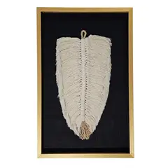 TELARES DE ESTILO - Cuadro Decorativo Hoja Algodón Natural Artesanía Chilena Marco Dorado 50x34 con Vidrio Macramé