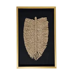 TELARES DE ESTILO - Cuadro Decorativo Hoja Yute Natural Artesanía Chilena Marco Dorado 50x34 con Vidrio Macramé