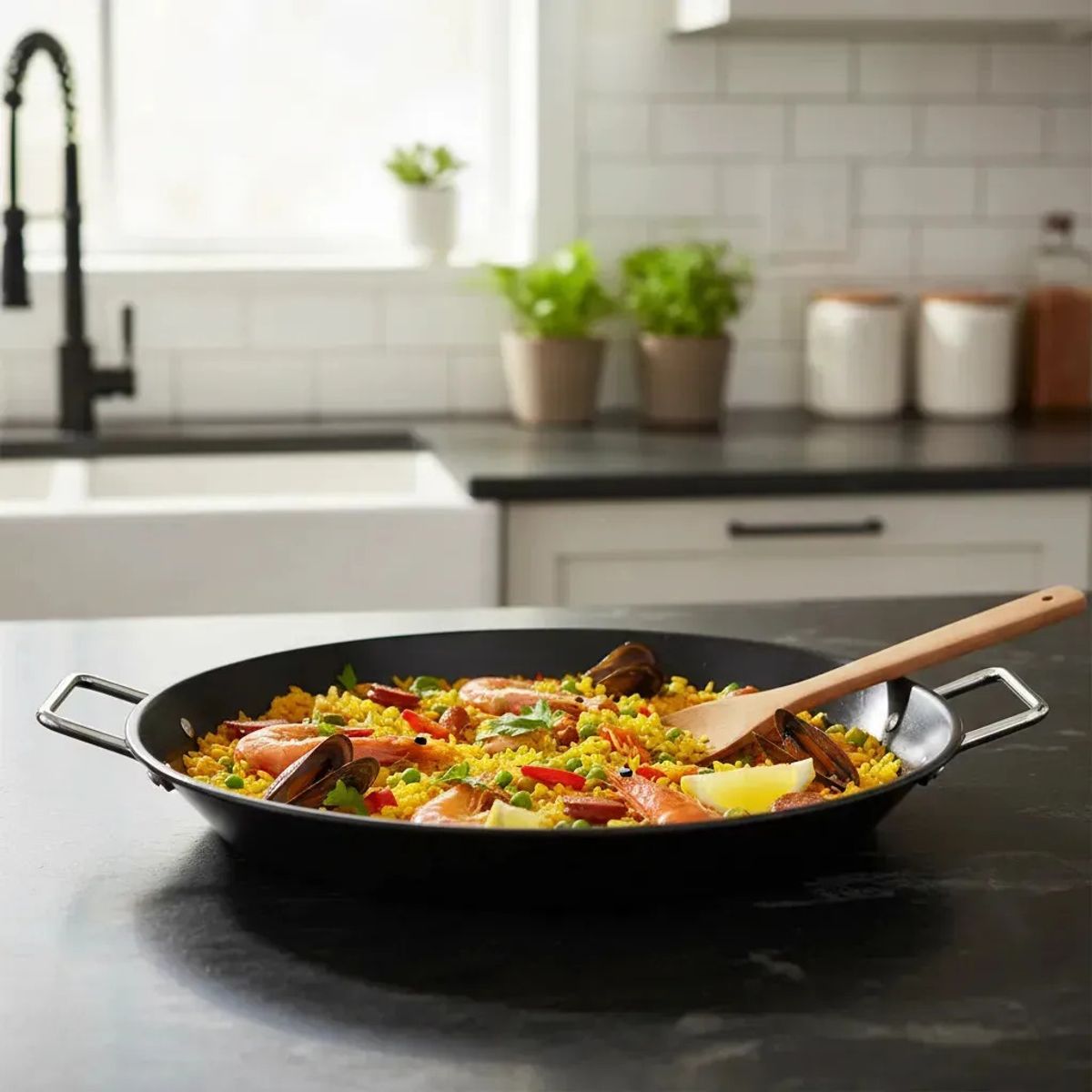 GENERICO - Paellera Acero Carbono 42cm Con Asas Cocina Española