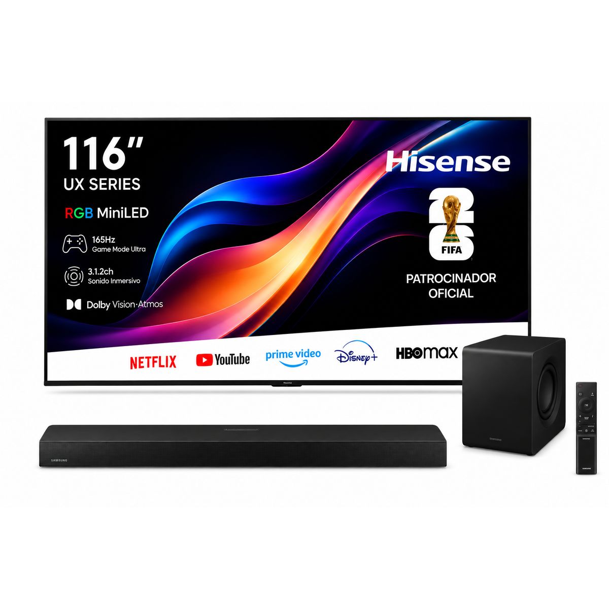 HISENSE - Hisense UX 116 RGB MiniLED 4K 165Hz + Samsung Q-Series HW-QS700F Dolby Atmos  Combo Cine y Gaming Definitivo