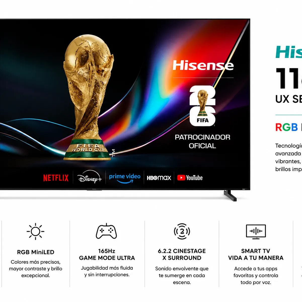 HISENSE - Hisense UX 116 RGB MiniLED 4K 165Hz + Samsung Q-Series HW-QS700F Dolby Atmos  Combo Cine y Gaming Definitivo