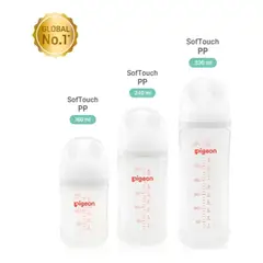 PIGEON - Pack 3 Mamaderas Softouch Boca Ancha 160+240+330ml Pp Blanco Biberón Softouch Pp