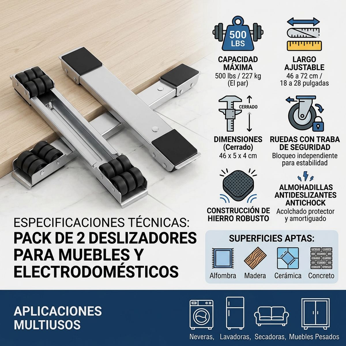 IRM - Pack 2 Ruedas Deslizadoras Lavadora Refrigerador Muebles Ajustable 227kg Antideslizante