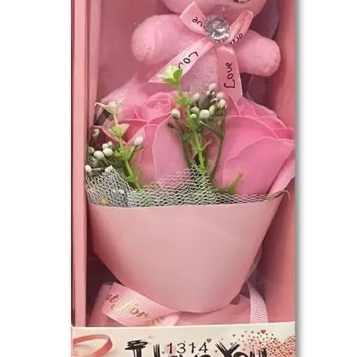 GENERICO - Caja ramo rosa con peluche oso