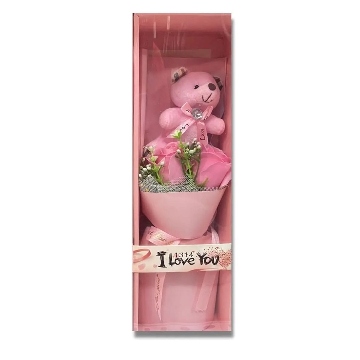 GENERICO - Caja ramo rosa con peluche oso