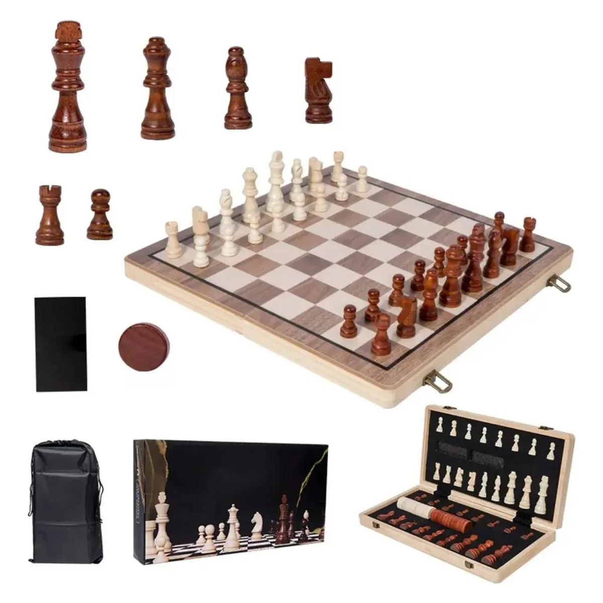 GENERICO - Set de Ajedrez Magnético de Madera 2 en 1