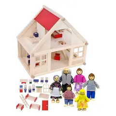 GENERICO - Casa de muñecas de madera con muebles y familia